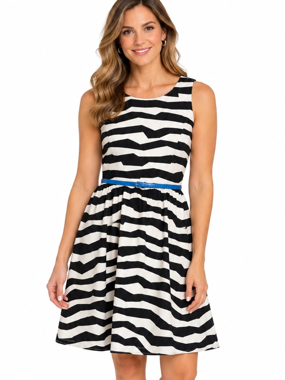 Jessica Simpson Black and White Striped Zebra Print Midi Dress with Blue Belt